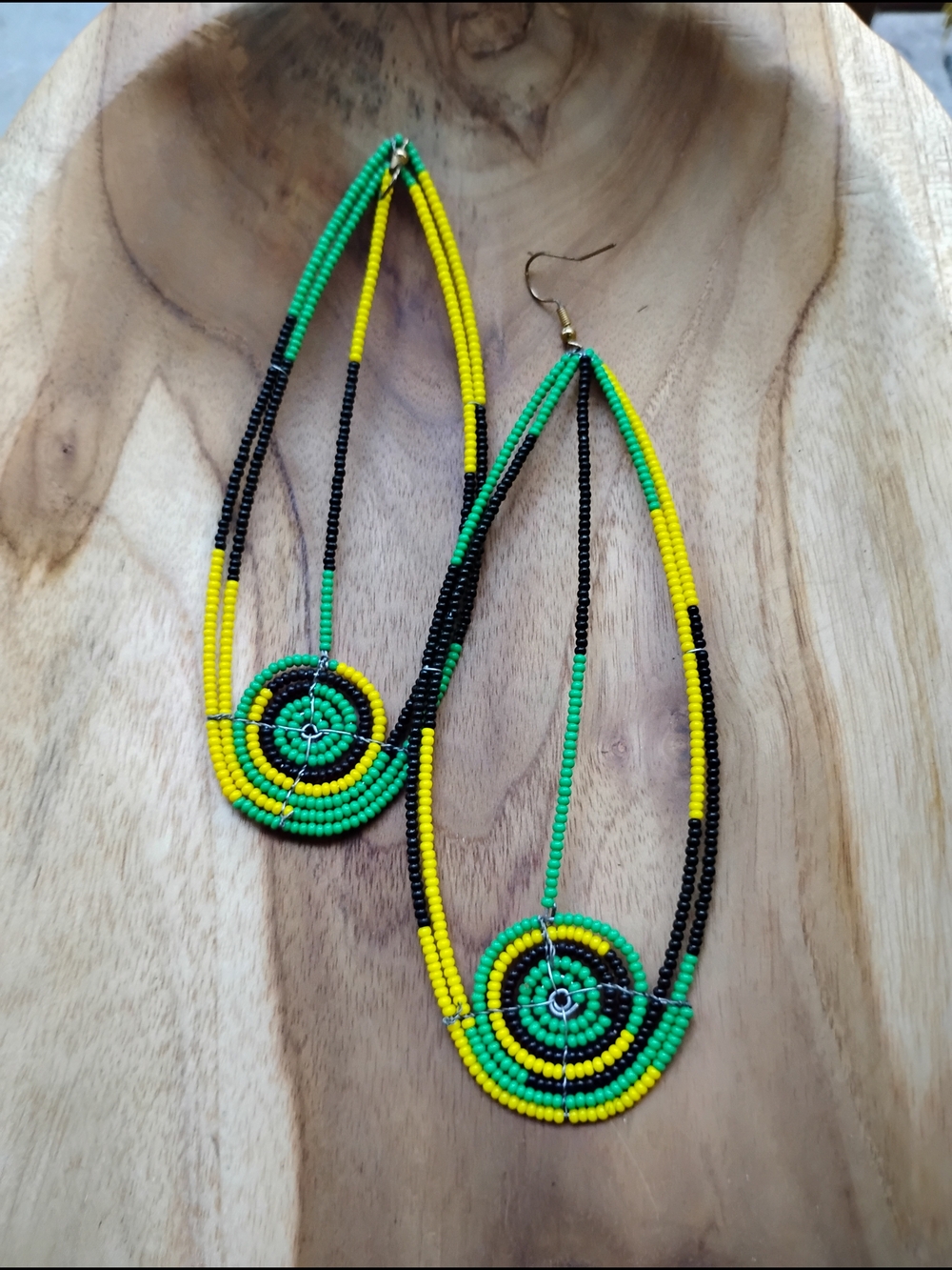 Beaded Hoop Drop Earrings in Green, Yellow & Black